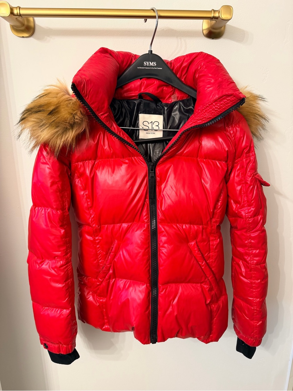 S13 Red Quilted Puffer Jacket with Faux Fur Hood Trim